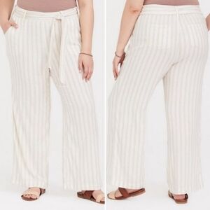 Torrid Cream & Tan Linen Blend Wideleg pants with Ribbon Style Belt size 20